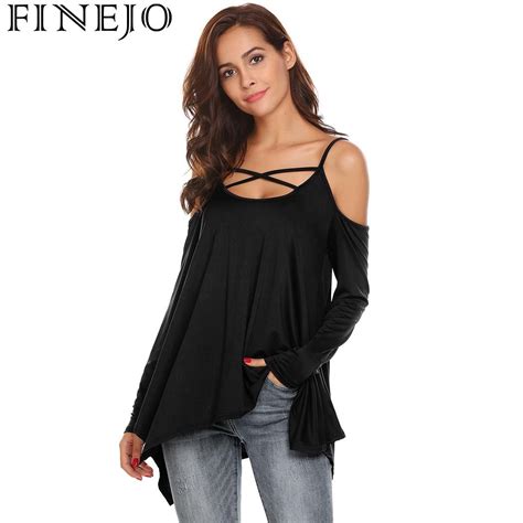 Finejo Women Cold Shoulder Cross Front Spaghetti Strap T Shirt Long Sleeve Loos T Shirts