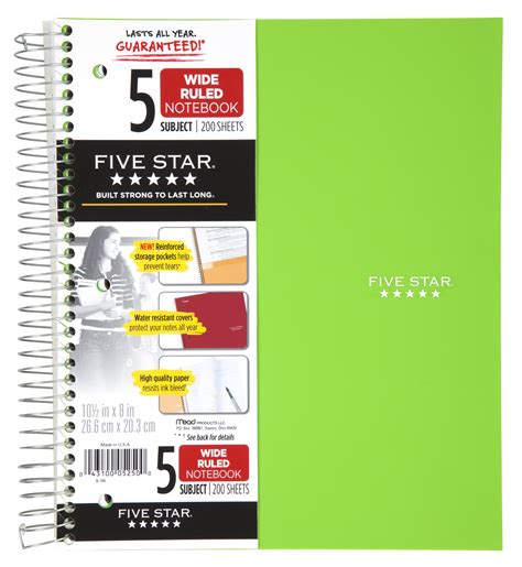 Five Star Trend Wirebound Notebook 5 Subject Wide Ruled Lime 73204