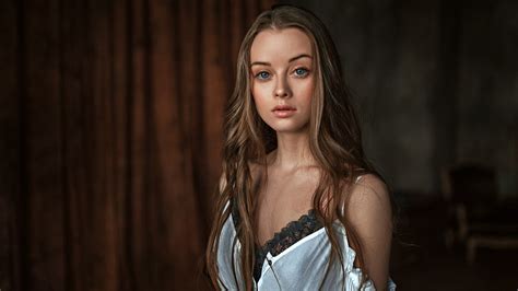 Women Brunette Blue Eyes Face Long Hair Maria Zhgenti Georgy Chernyadyev Portrait Dress