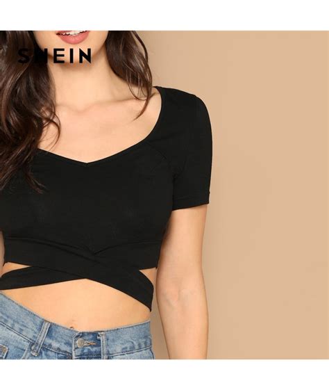 Sexy Black V Neck Criss Cross Form Fitting Crop Slim Fit Plain Tee Tshirt Women 2019 Summer