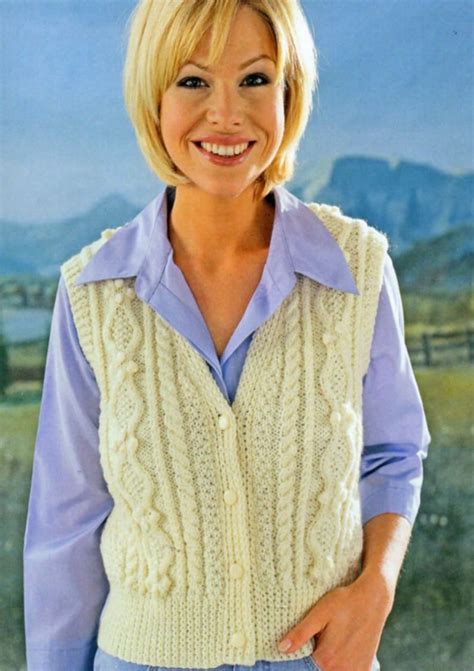 womens aran waistcoat knitting pattern pdf ladies cable vest etsy