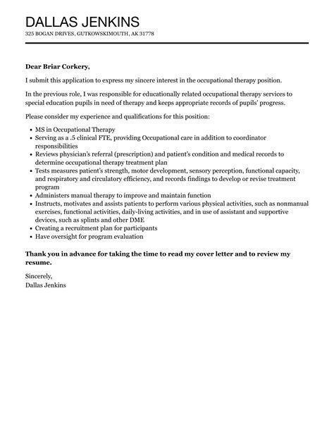 Occupational Therapy Cover Letter Velvet Jobs