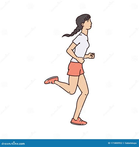 Sporty Woman Character Jogging Or Running Sketch Vector Illustration