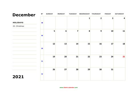 Free Download Printable December 2021 Calendar Large Box Holidays