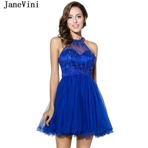 Janevini Sexy Royal Blue Tulle Short Homecoming Dresses 2019 Halter