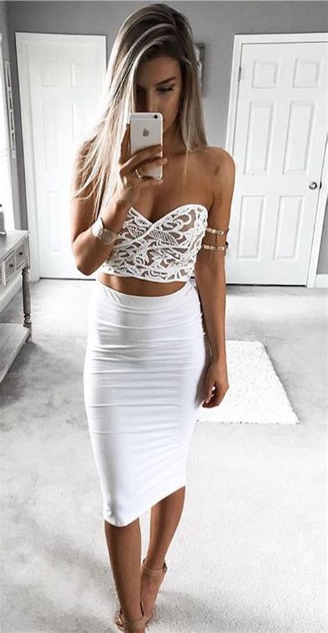 Lace Crop Top And Pencil Skirt All White Party Outfit Ideas For Women Backless Dress Crop