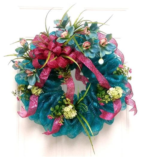 Turquoise Deco Mesh Wreath Pink Ribbon Deco Wreaths Summer Mesh