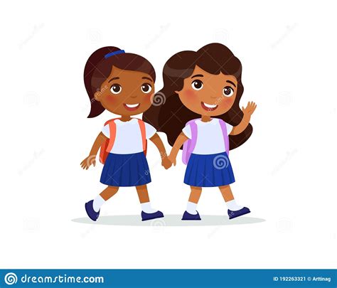 Schoolgirls Going To School Flat Vector Illustration Royalty Free Cartoon