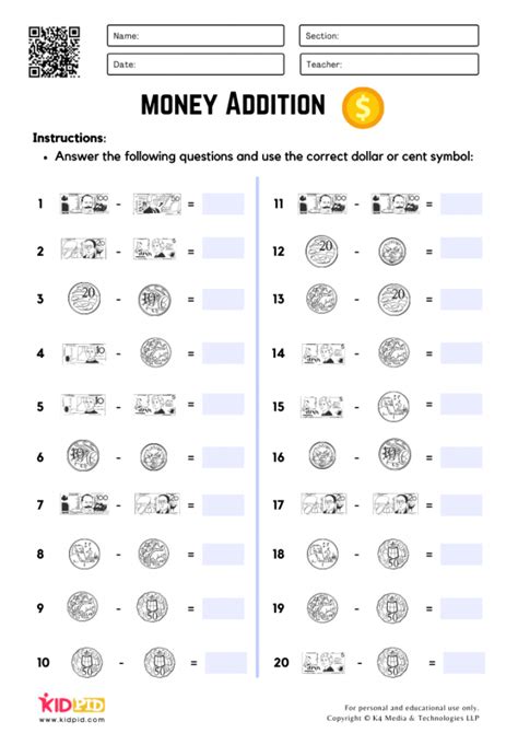 Money Addition And Subtraction Worksheets Kidpid