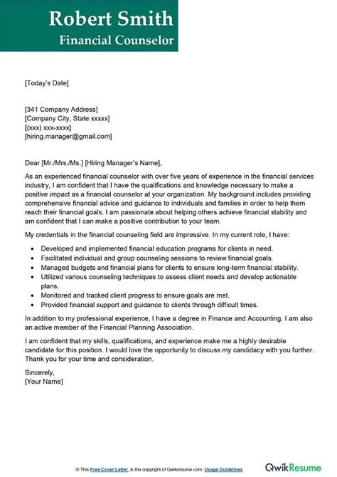 Financial Counselor Cover Letter Examples Qwikresume