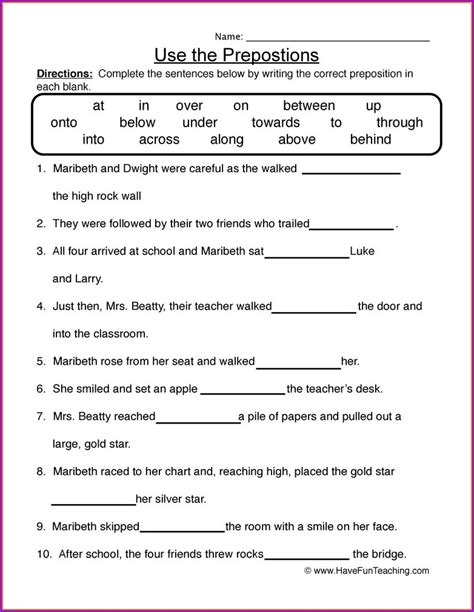 In this exercise, your students will improve sentences by adding prepositional phrases. Prepositions Worksheet For Grade 4 With Answers ...