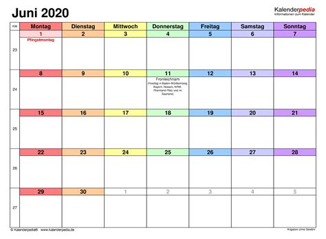Kalender Juni 2020 Als Pdf Vorlagen