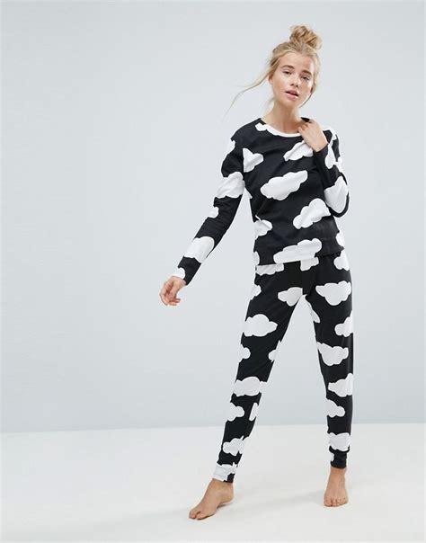 Asos Black Cloud Print Long Sleeve Tee And Legging Pajama Set Multi