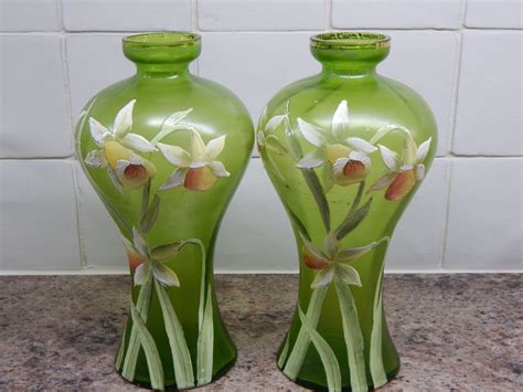 Pair Of Victorian Handmade Green Glass Vases Enamel Handpainted With Daffodils Green Glass