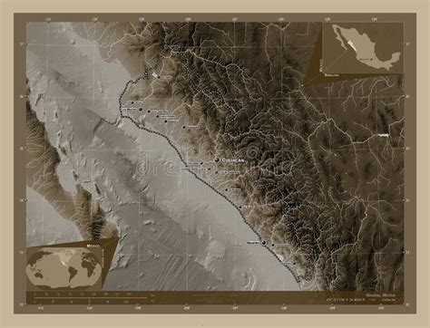 Sinaloa Mexico Sepia Labelled Points Of Cities Stock Illustration