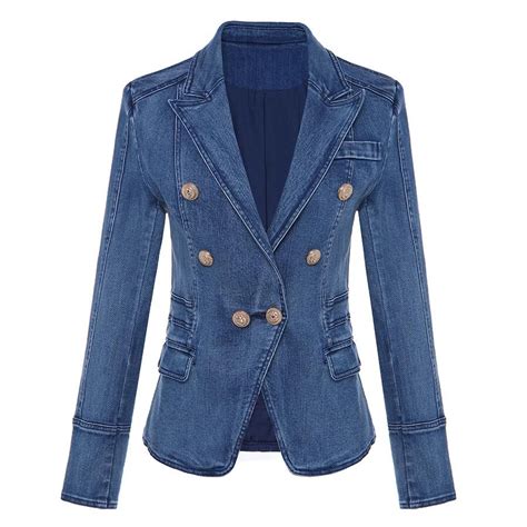 Double Breasted Denim Blazer With Metal Lion Buttons Gender Women