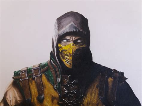 Realistic colored pencil drawing of Scorpion from Mortal Kombat : drawing