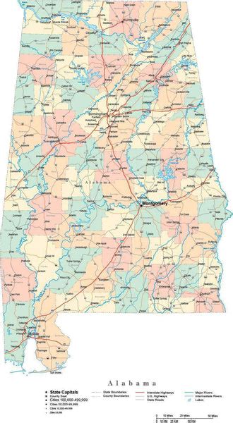 Alabama Digital Vector Map With Counties Major Cities Roads Rivers