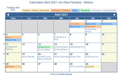 Calendario Abril 2021 Para Imprimir México