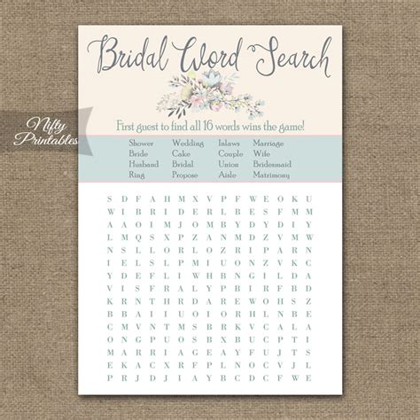 Printable Bridal Shower Word Search Game Floral Bouquet