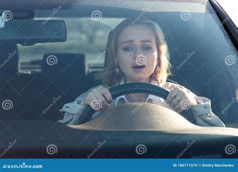 Woman Drives Her Car For The First Time Inexperienced Driver In Stress