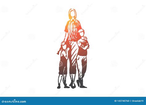 Mother With Children Shopping In Hypermarket Vector Characters