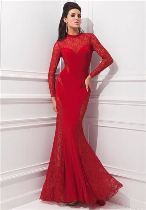 Here are some red dresses you should consider purchasing. Unusual Mermaid High Neck Red Chiffon Lace Long Sleeve ...