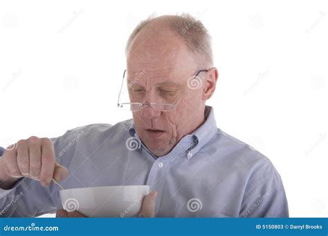 Old Guy In Blue Eating Cereal Stock Image Image Of Balding Shirt