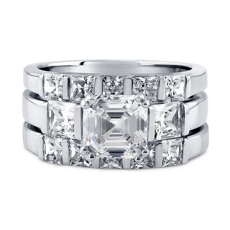 Sterling Silver Asscher Cubic Zirconia Cz 3 Stone Ring Set 4 58 Ct Tw Wedding Ring Sets