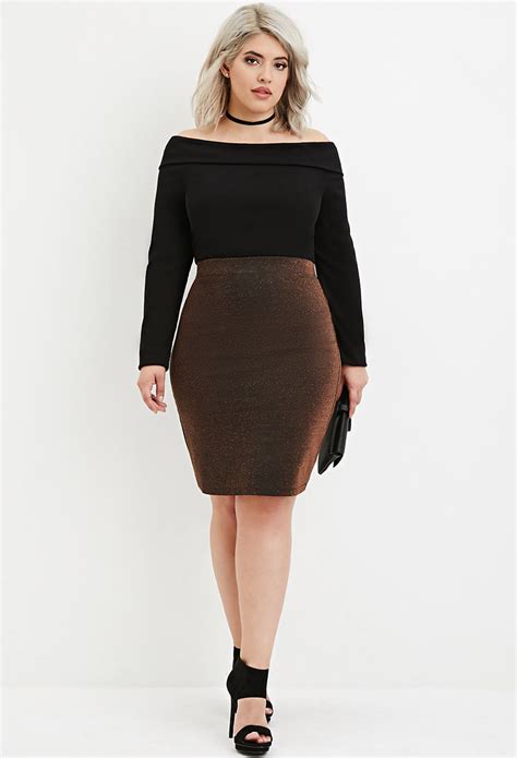 Forever 21 Synthetic Plus Size Metallic Knit Pencil Skirt In Black