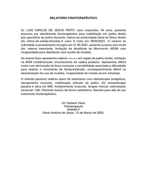 RelatÓrio FisioterapÊutico Luis Carlos Pinto Novo Pdf
