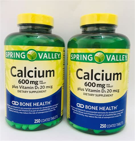 spring valley calcium 600 mg per tablets vitamin d3 20 mcg bone health 250 tablets pack of 2