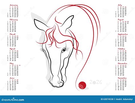 Calendar 2026 The Year Of The Horse Stock Vector Illustration Of