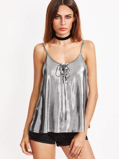 Metallic Silver Lace Up Front Cami Top Tops Cami Tops Tank Top Fashion
