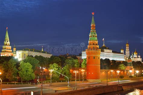 Night View Of Moscow River And Kremlin Stock Photo Image Of Russia