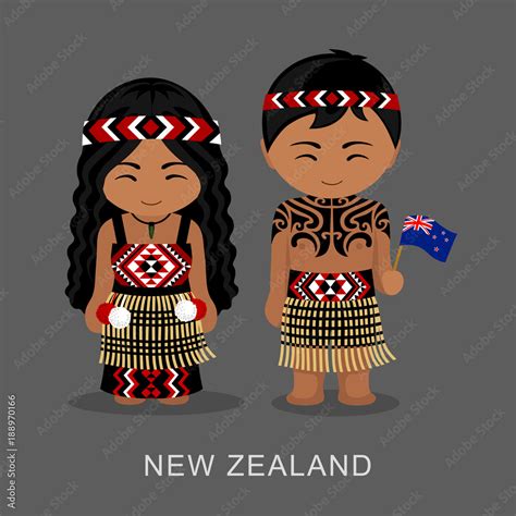 Maori New Zealanders In National Dress With A Flag Man And Woman In