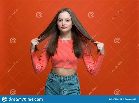 Confident Beautiful Young Girl Touch Long Healthy Brown Hairs