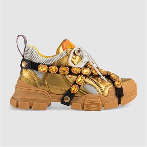 Gucci Women Flashtrek Sneaker With Removable Crystals 56cm Height Gold