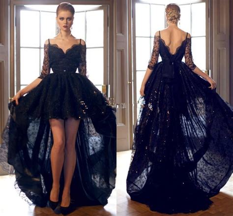 2016 Black Lace High Low Prom Dresses Sexy Off Shoulder Deep V Neck Backless Evening Dresses