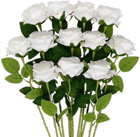 mocoosy 12 pcs rose artificial flowers realistic blossom white fake roses with stems single