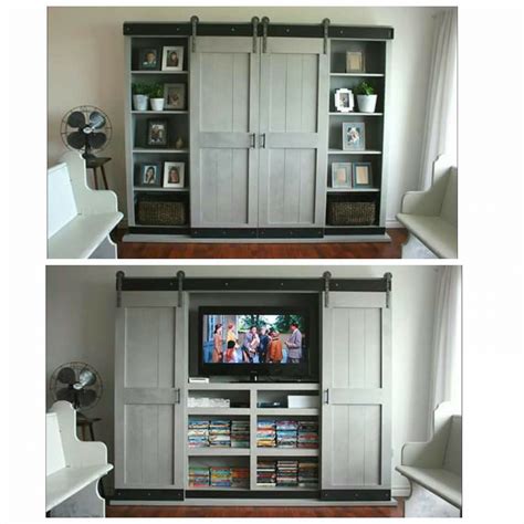 The client's interest in grid systems provided the basis for the concept of sliding doors; Ana White | Sliding Door Cabinet for TV - DIY Projects