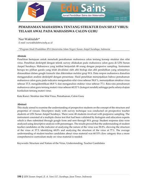 PDF Pemahaman Mahasiswa Tentang Struktur Dan Sifat Virus Telaah Awal