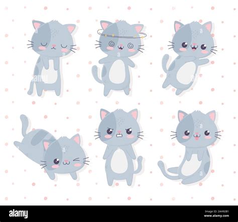 Kawaii Cartoon Different Expressions Cute Cats Polka Dots Background