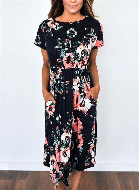 Womens Short Sleeve Floral Midi Dress