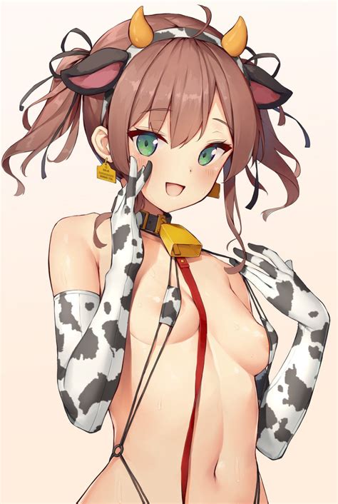 Rule 34 1girl 1girls Blush Breasts Brown Hair Cow Bikini Cow Ears Cow