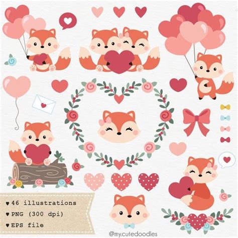 Valentines Day Clipart Woodland Animals Cute Fox Love Etsy In 2021