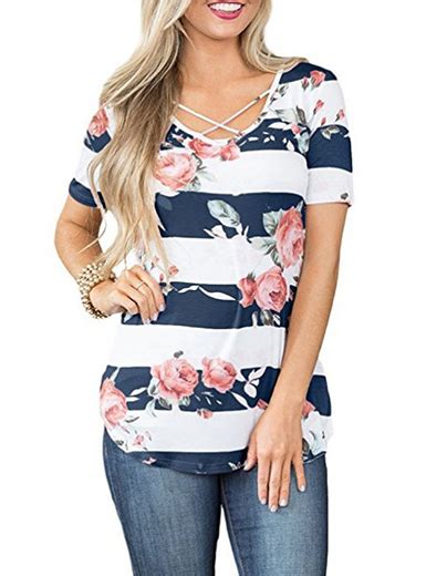Womens Horizontally Striped Floral Tee Shirt Crisscrossed Straps At