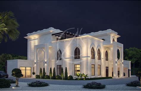 The design of this villa is inspired by traditional arabic & classic design shapes and tones. White Modern Islamic Villa Exterior Design by Comelite ...