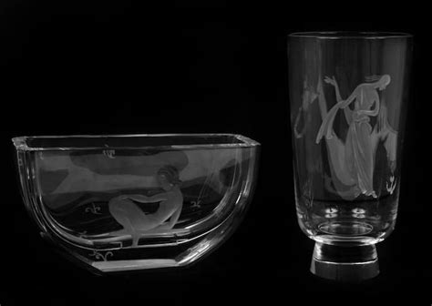 Two Orrefors Engraved Glass Vases Signed Engraved Glass Vase Vase Set Glass