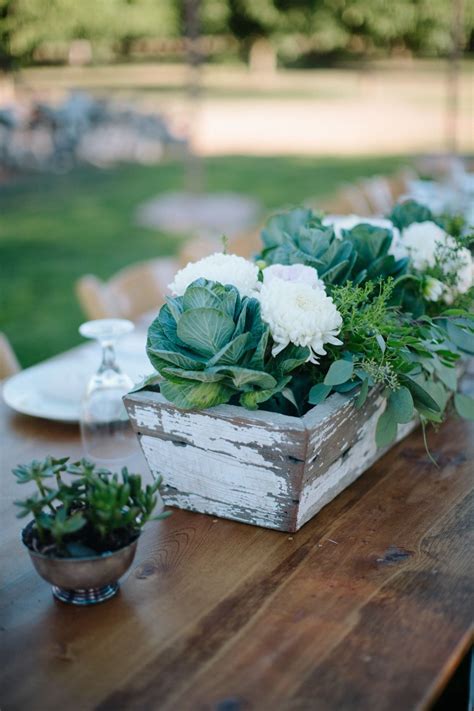 It's a wood box planter centerpiece. Casual Walnut Orchard Wedding | Wedding centerpieces ...